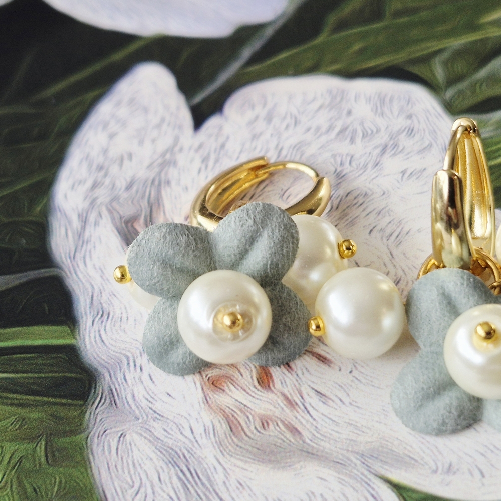 18k Gold Plated Oval Hool Pearl & Leather Flower Drop Earrings 2 In 1 - Picture 3 of 7